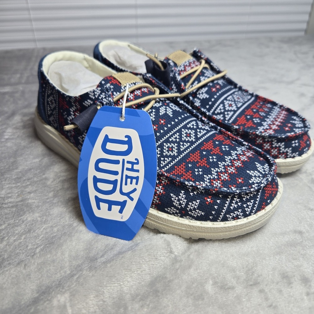 Hey Dude Wendy Winter Ugly Sweater Shoes Womens 7 Navy 43536-4HQ New Holiday